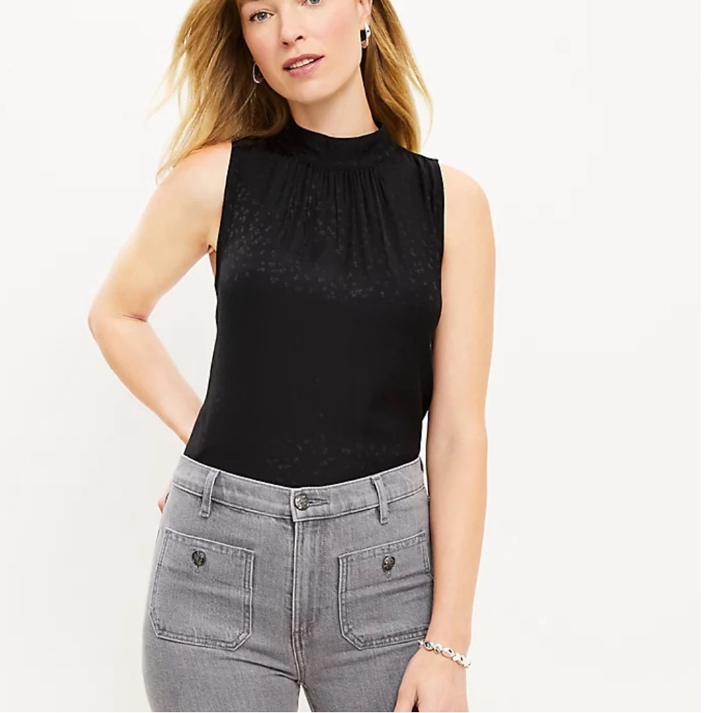 LOFT High Neck Jacquard Mock Neck Shell, Black, Sleeveless, Sizes L, NWOT